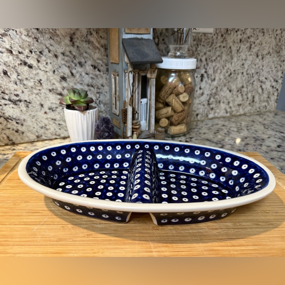 Handcrafted blue rose Polish Pottery-Flowering peacock divided dish.